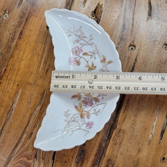 Antique Wheelock China Store Crescent Shape Bone Trinket Jewelry Dish Floral USA - Picture 8 of 9